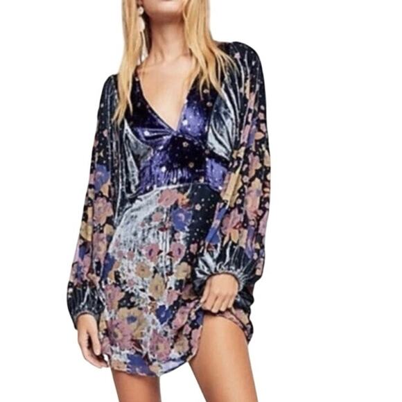 FREE PEOPLE MINI DRESS LAST LETTER BURNOUT VELVET SZ S BALLOON SLEEVES COTTAGE - Picture 1 of 16